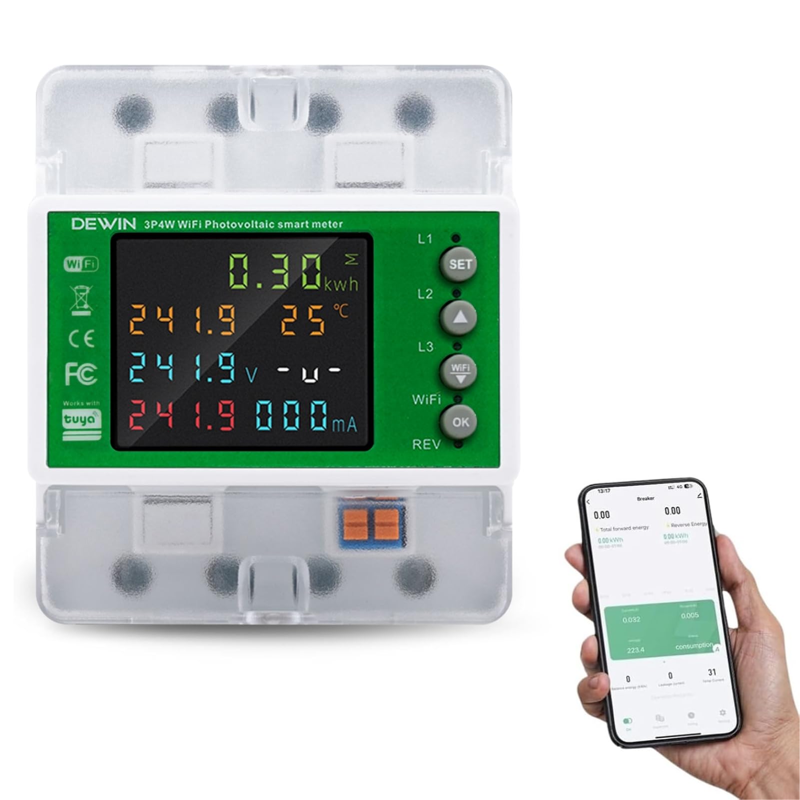 DEWIN Contatore Energia Elettrica Trifase WiFi, 100A 380VAC Misuratore di Consumo Elettrico WiFi Contatore Elettrico Trifase con Controllo del Tempo/Protezione Sovratensione ECC.