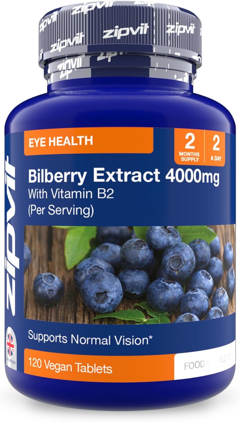 – ZIPVIT Bilberry Extract 2000mg with Added Vitamin B2, 120 Vegan Tablets. Vegetarian Society Approved.