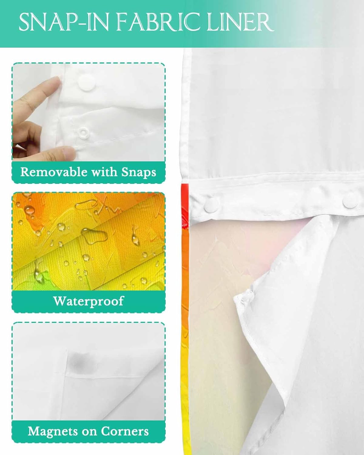 No Hook Shower Curtains with Snap in Liner, Rainbow Oil Painting Waterproof Fabric Shower Curtain, Watercolor Colorful Abstract Art Double Layers & See-Through Top Window Bathroom Curtains 36''x72''