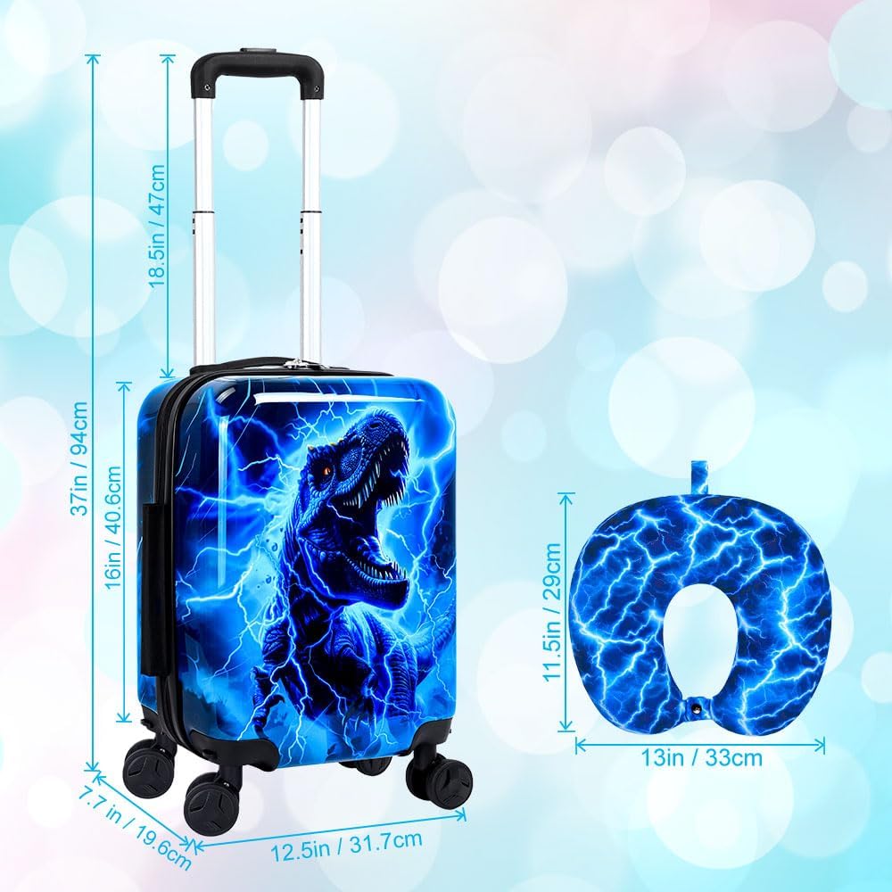 UFNDC Lightweight Hardshell Spinner Luggage Set for Kids 2PCS with Wheels - Airplane Approved Carry-On Suitcase for Boys Ages 3-10, Lightning Dinosaur Rolling Suitcases for Elementary Toddler Travel