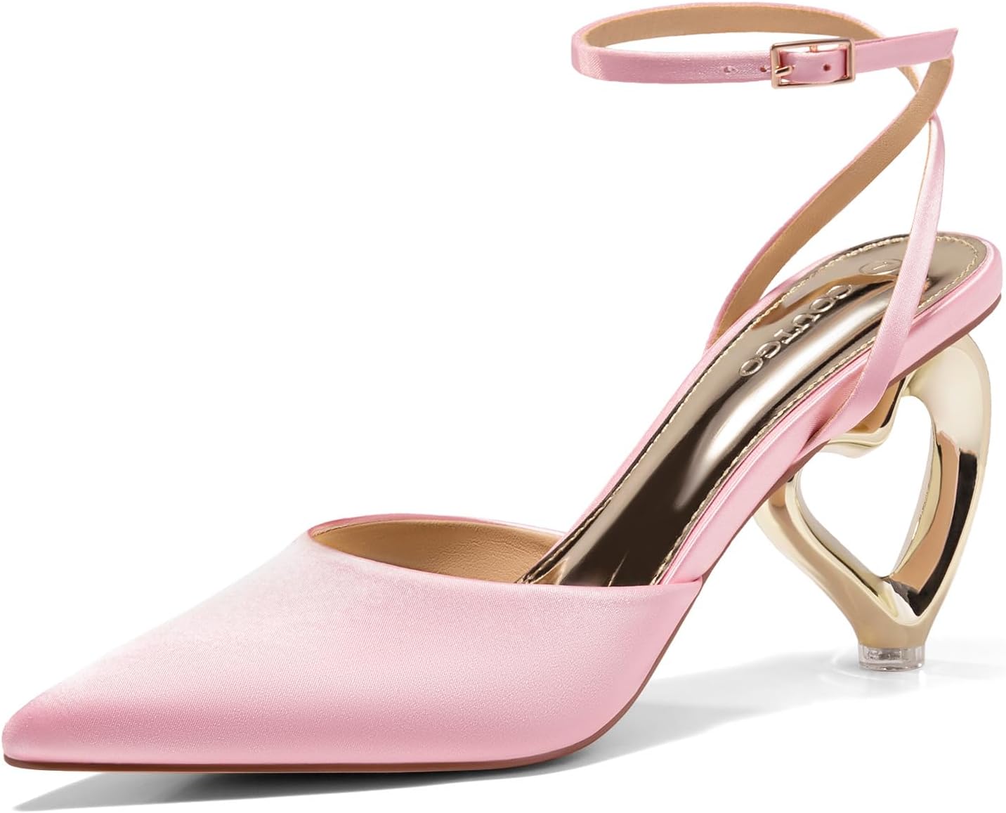 Coutgo Womens Kitten Heels Closed Pointed Toe Heart Heel Ankle Strap Satin Pumps Wedding Prom Dress Valentine Shoes