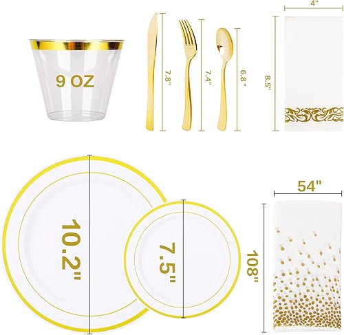 Miniatura 2 de Eye4tech - Juego de vajilla dorada desechable de 176 piezas, 50 platos de plástico dorados, 25 cubiertos dorados, 25 tazas doradas de 9 onzas, 25