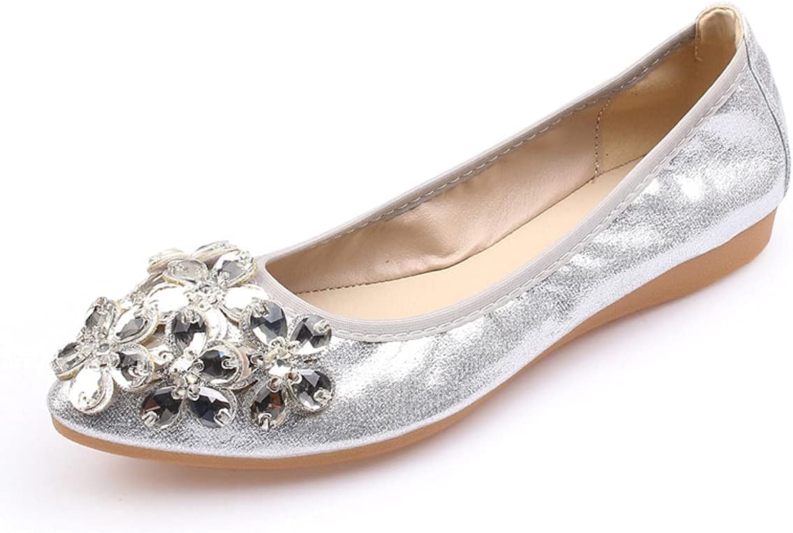 Hwalleum Womens Stylish Fold Up Ballet Flats, Ladies Cute and Sexy Pumps Roll up Shoes Foldable Ballet Flats with Rhinestone, Portable Girls Slip On Loafers