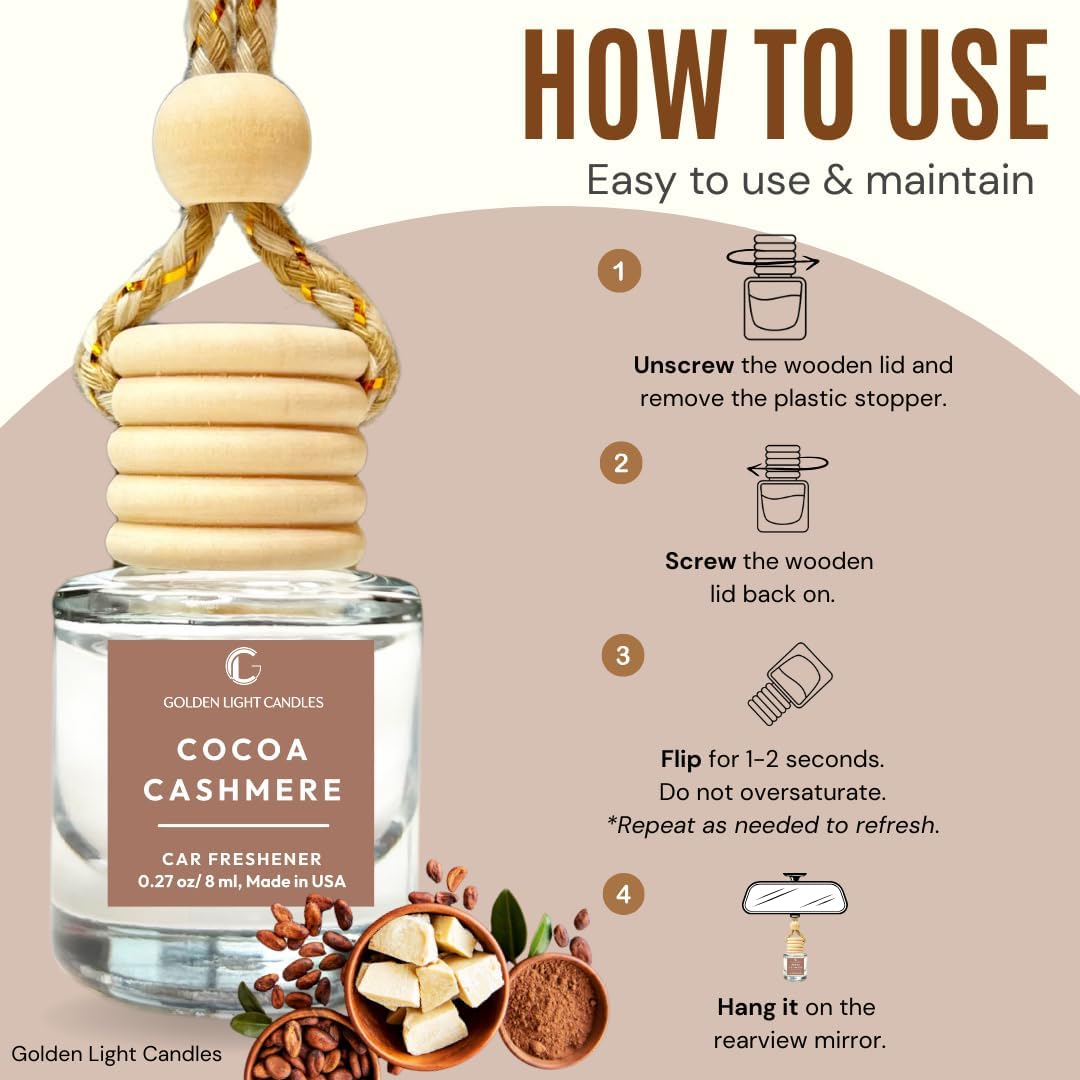 Car Air Freshener Hanging, Long Lasting Essential Oil Diffuser Cocoa Cashmere Scent, Car Air Freshener For Women, Made in USA