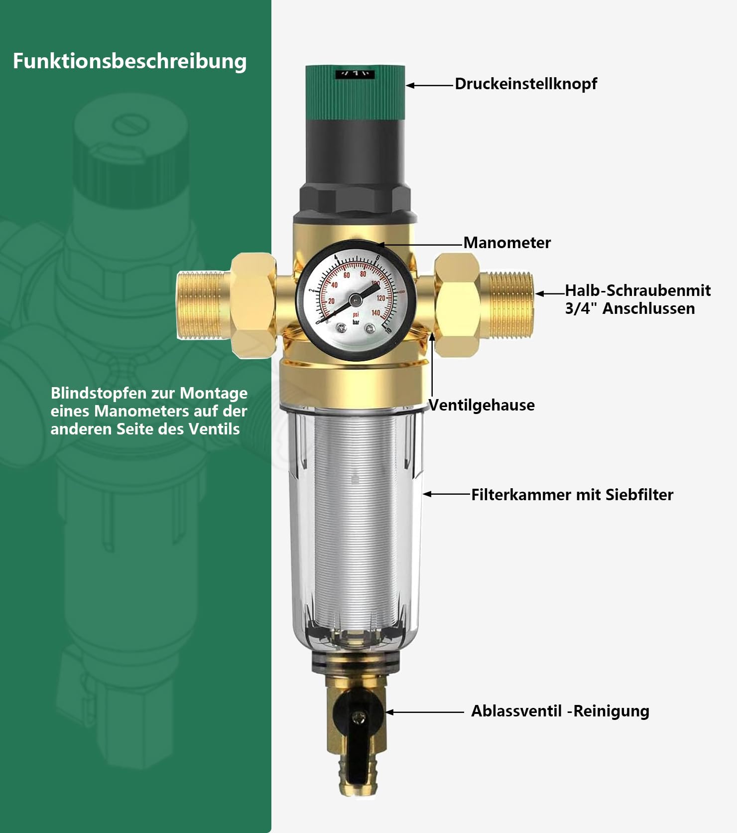 6 sztuk filtrów do płukania zwrotnego z reduktorem ciśnienia i manometrem, filtr wody, przyłącze domowe 3/4 cala, DN 20, filtr wstępny, filtr osadowy, regulator ciśnienia wielokrotnego użytku
