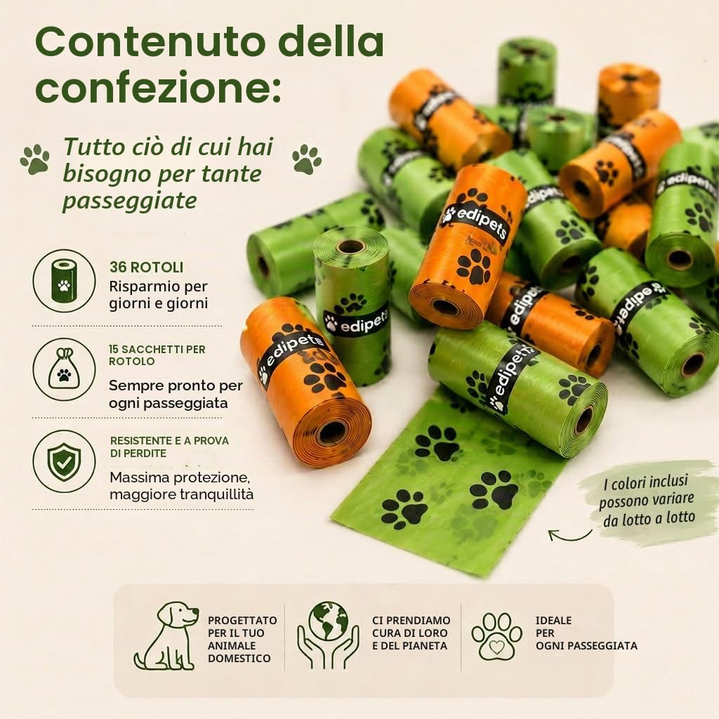 Edipets, Sacchetti Cane Biodegradabili, 405 o 540 pezzi, Extra Spesso, a prova di Perdite, non Profumati, Sacchettini per Cani, Raccogli Feci, Pet Bag (36 rotoli / 540 unità)