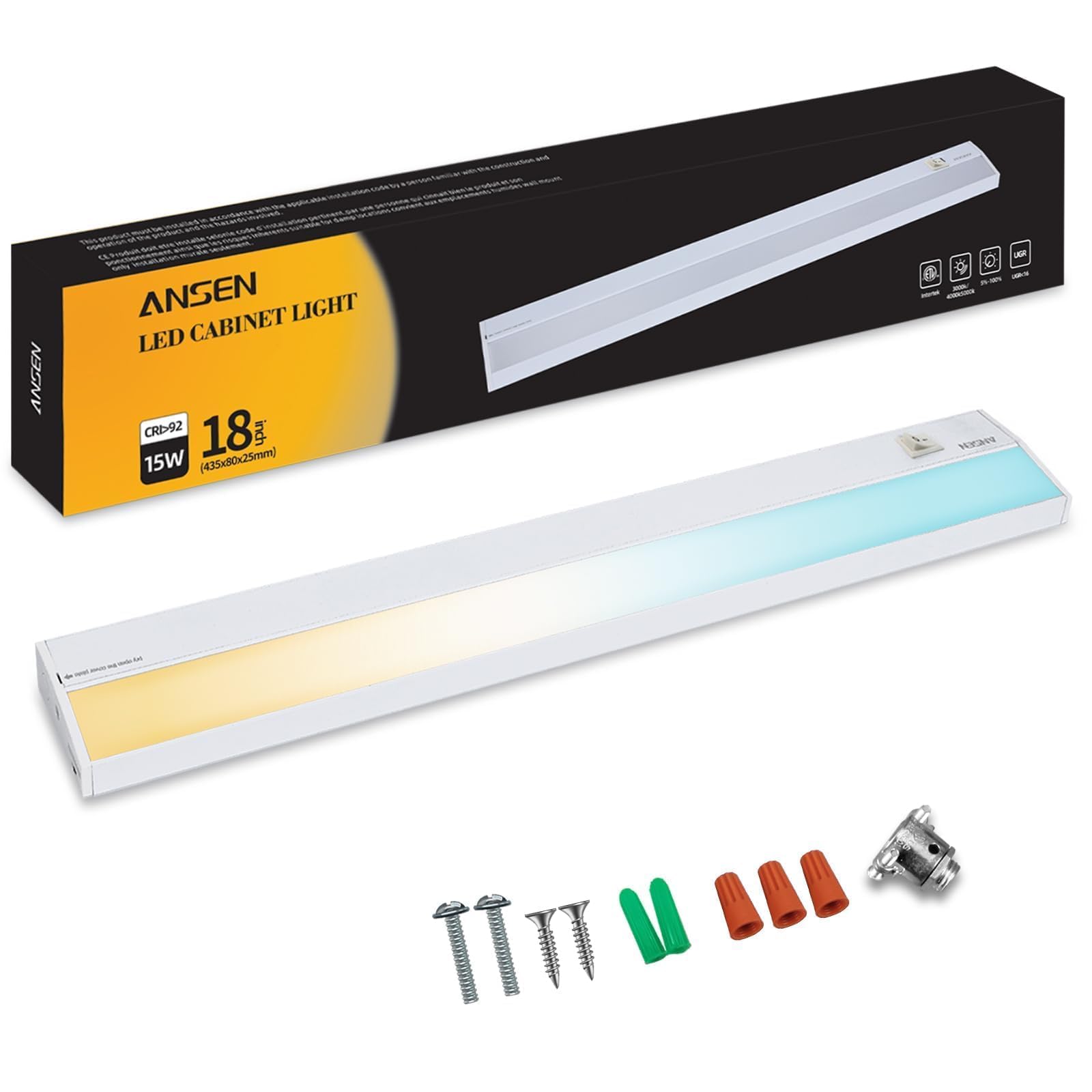 Ansen Illuminazione cablata sotto armadietto, 18 pollici 15W LED luce per cucina/armadio, 998.4lm, CRI> 92, R9>90, dimmerabile, 3 temperatura di colore, 3000K/4000K/5000K (bianco caldo, bianco freddo