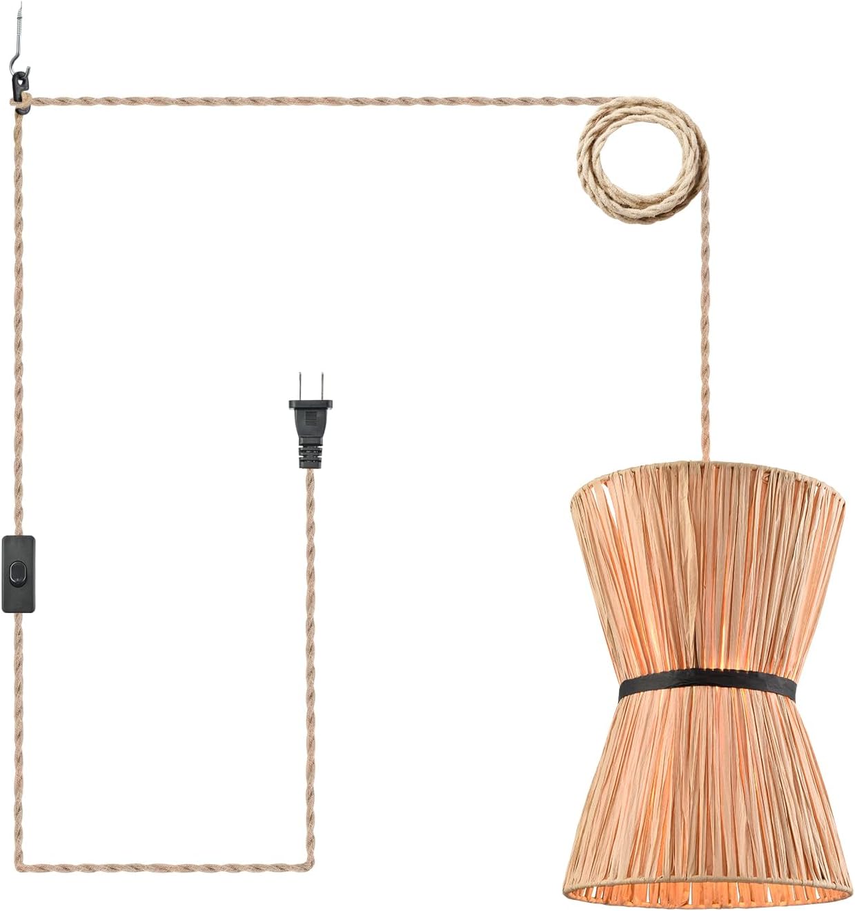 HOLKIRT Farmhouse Pendant Light Plug in with Paper Rope Shade, 4.5m Plug-in Cord & On/Off Switch – Hanging Light Fixtures for Bedroom, Living Room, Dining Room Funnel Shape
