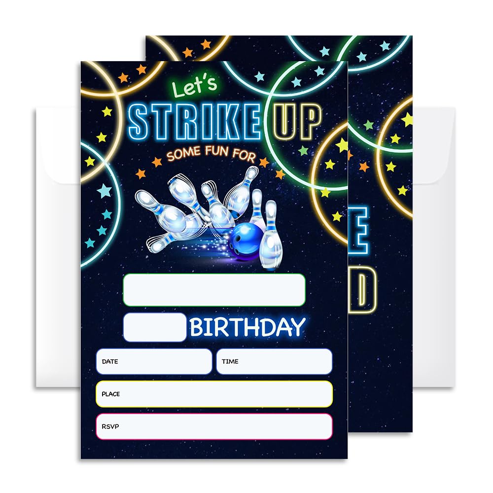 Bowling Birthday Invitation Cards with Envelopes Pack of 20 (4" X 6") - Party Invitations for Boys, Girls, Kids, Teens - Let's Strike Up Some Fun - Bowling Party Favors Decorations and Supplies - Neon Glow Design. (Content May Vary)