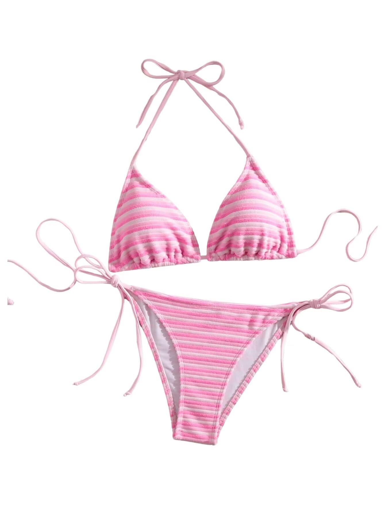 Women's Striped Knot Bathing Suit High Waisted Halter Triangle Swimsuit Bikini Set-image-43