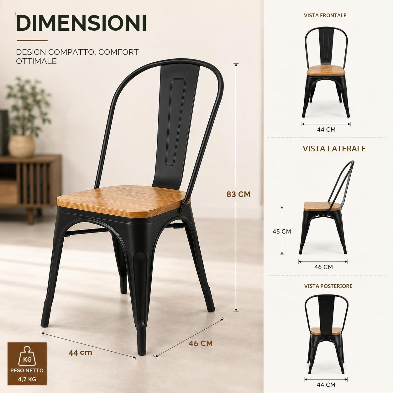 Kosmi - Set di 4 sedie in metallo nero e legno chiaro naturale, stile industriale
