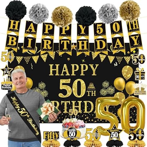 Trgowaul 50th Birthday Decorations for Men Women, 22pcs Black Gold Birthday Party Supplies, Banner, Hanging Swirl Flag, 50th Birthday Sash&Pompoms, Birthday Balloons, 50 Year Old Birthday Set Cover