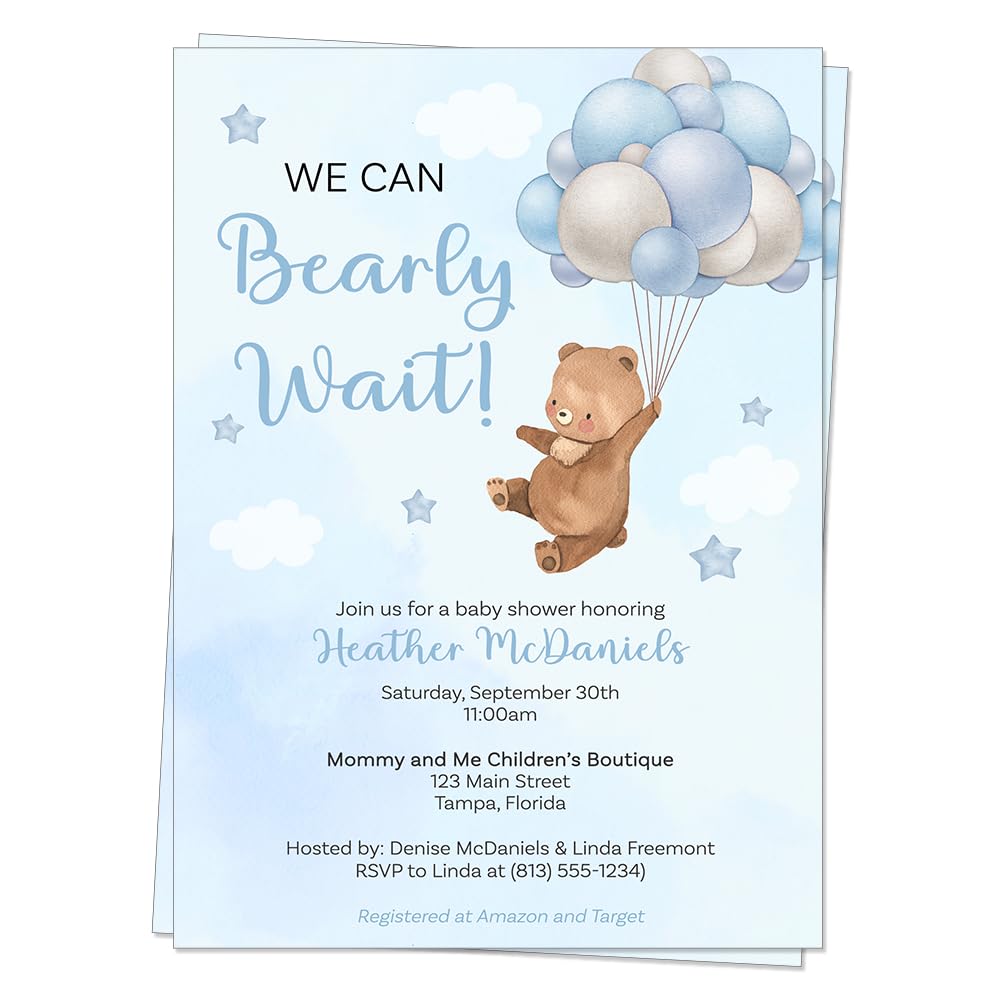 We Can Barely Wait Baby Shower Invitation Sweet Teddy Bear Balloon Invites Watercolor Boy Gray Silver Printed Cards Customized Personalized Cards (12 Count)