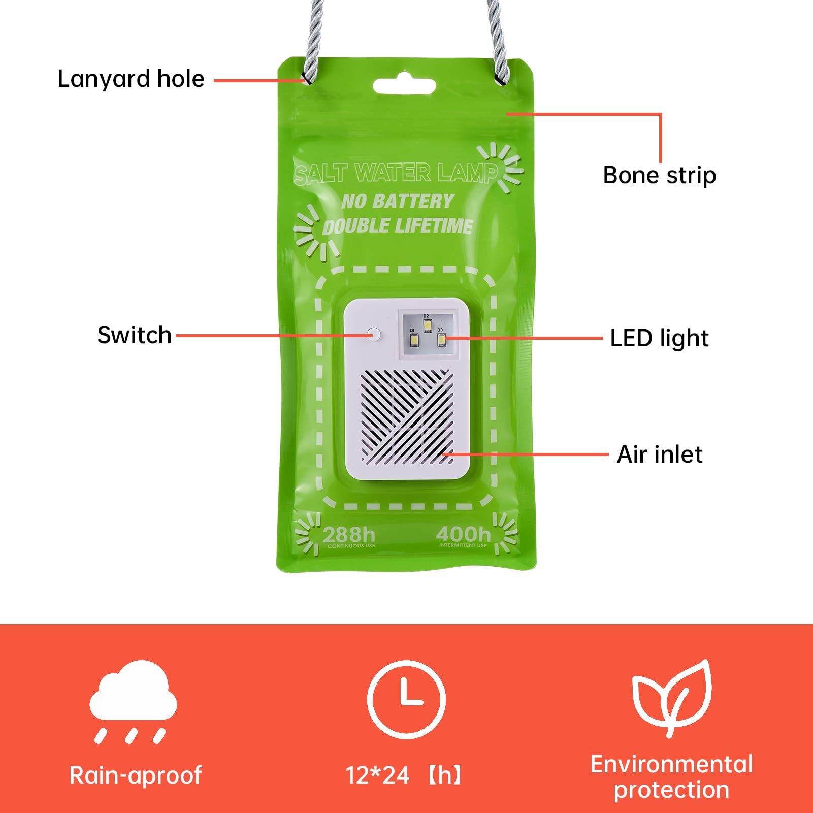 FTVOGUE Lampe à Eau Salée, sans Pile, éclairage de Secours pour le Camping et la Survie, 400 Heures d'éclairage avec 3 LED, Idéale pour l'extérieur, la Pêche et les Urgences