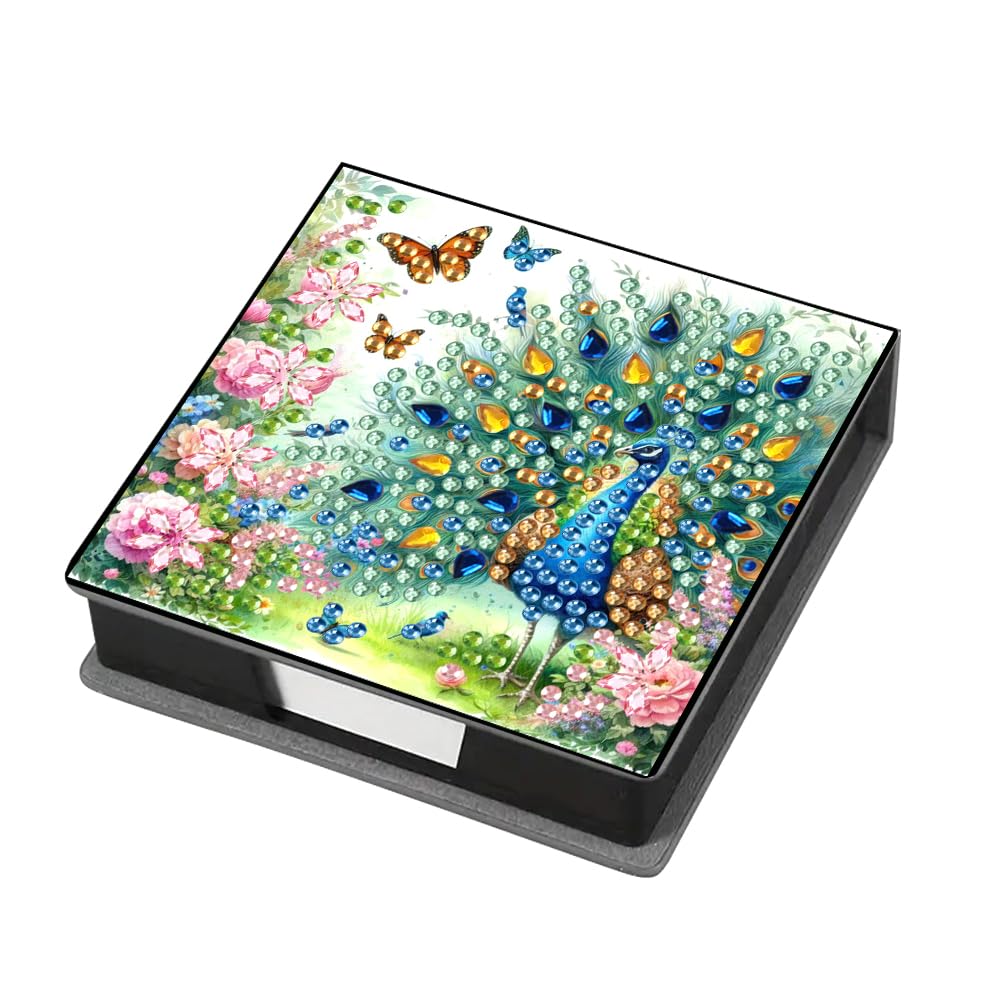 Diamond Painting Kits Sticky Note Holder, DIY Diamond Art Accessories Memo Pad Box for Desk, Mosaic Craft Kits for Adults Beginners, Cute Office Decor Gifts Women(Peacock Cardboard)