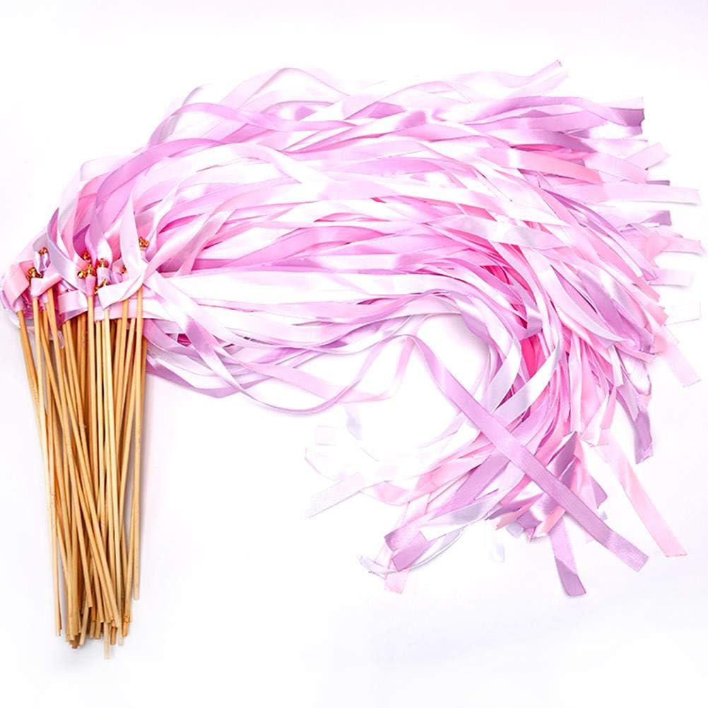 40 Pack Ribbon Stick Wands - MeiMeiDa Pink Ribbon Fairy Wands with Bell and Smooth Wood Sticks, Chromatic Silk Waving Party Streamers for Wedding Best Wishes, Kids Birthday Props, Dance Party Favors