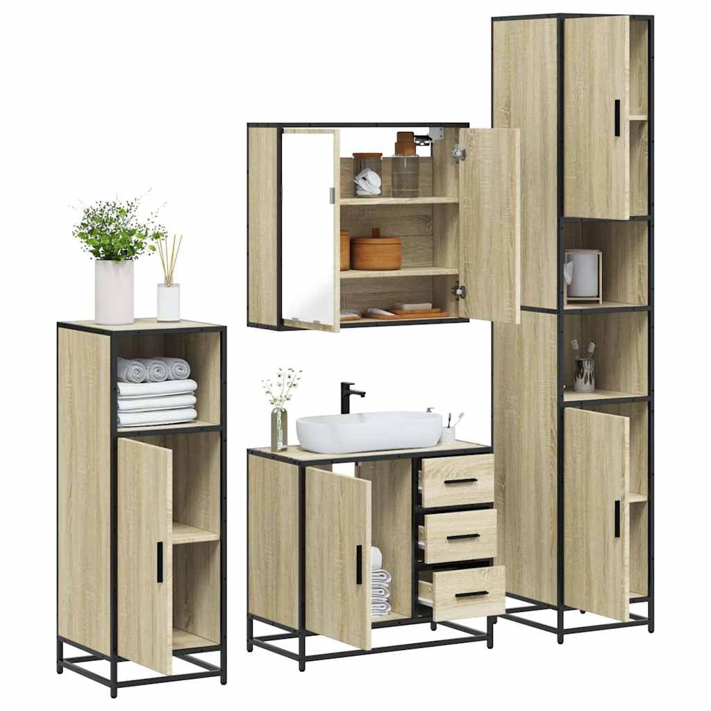 Set Mobili da Bagno 4 Pezzi Rovere Sonoma e Metallo | Arredo per il bagno con mobile specchio, sottolavabo e due colonne salvaspazio in stile industriale.