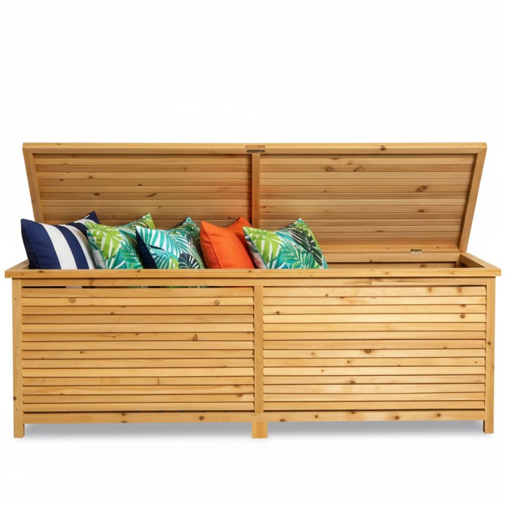 Melko Auflagenbox Kissenbox Gartenbox Gartentruhe 170x50x58 cm Holz Braun | regenfester Schutzanstrich, klappbarer Deckel, luftdurchlässige Lamellen, rostfreie Scharniere, Stauraum für Polster