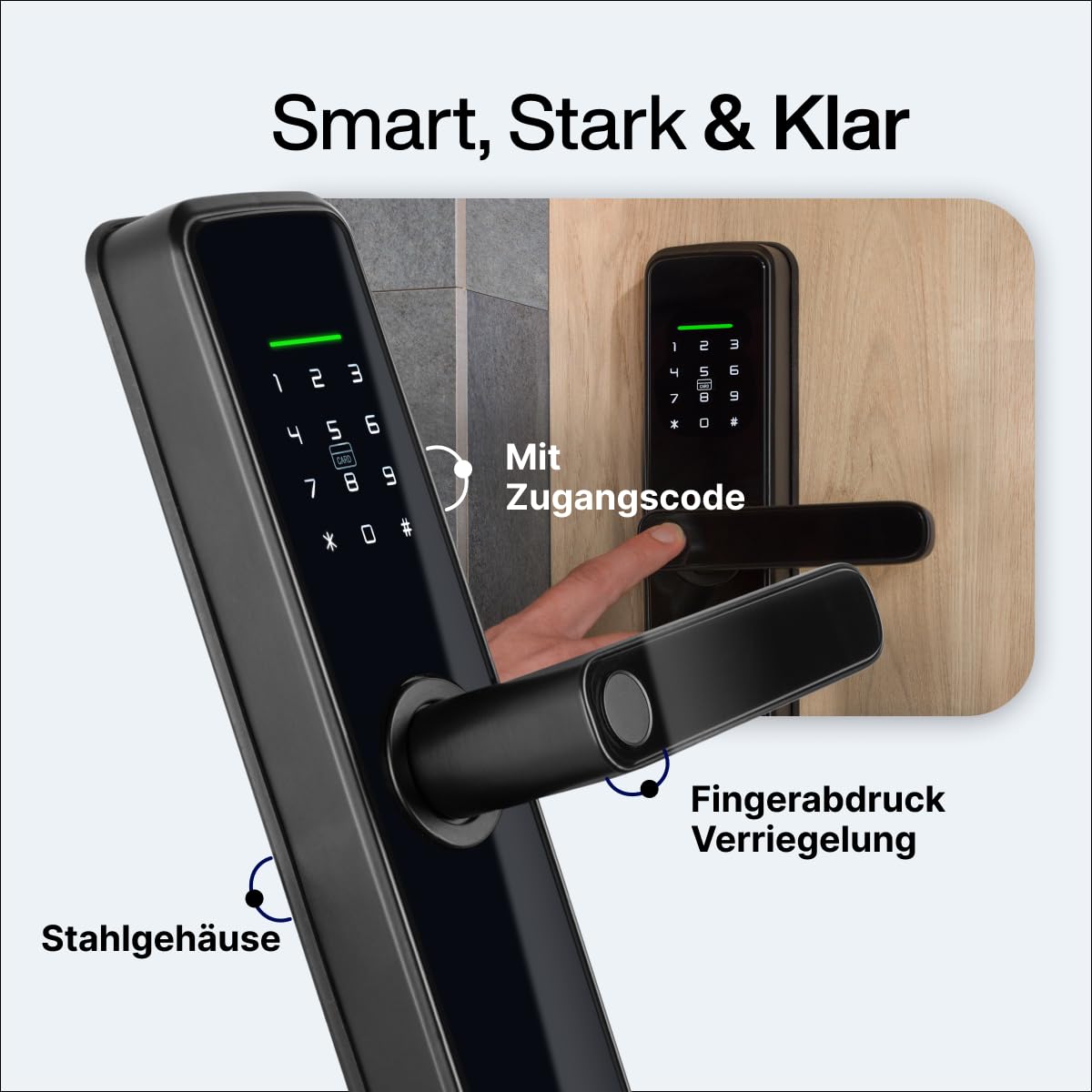 Finex Smart Lock Türschloss mit Fingerabdruck – Elektronisches Türschloss mit App, WLAN & Bluetooth – Smartes Türschloss ohne Schlüssel für Türstärke 20–90 mm – Anti-Einbruch, Aluminium, Schwarz