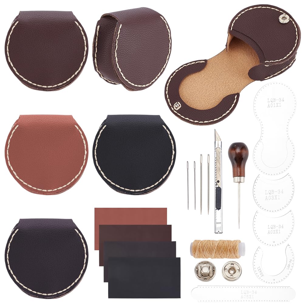 FREEBLOSS 4 Set DIY Leather Purse Kit Coin Purse Kit Coin Storage Bag Portable Mini Pouch Leather Change Wallet Sewing Craft Kit with English Instruction for Adults 8.5x8x4cm