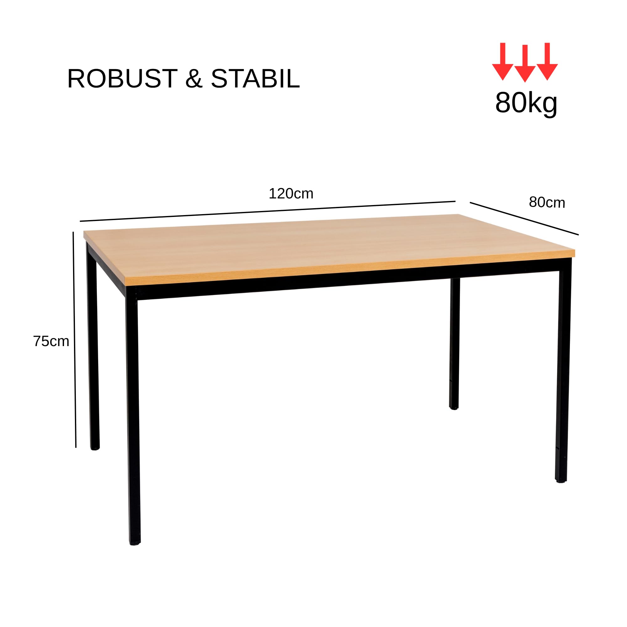 furni24 Schreibtisch-Stahl 120x80x75cm, Buche, TÜV/GS-Einfache Montage, Arbeitstisch, Bürotisch, Küchentisch, Esstisch, Druckertisch Büro-Möbel Arbeitszimmer Computertisch Gaming-Tisch Mehrzwecktisch