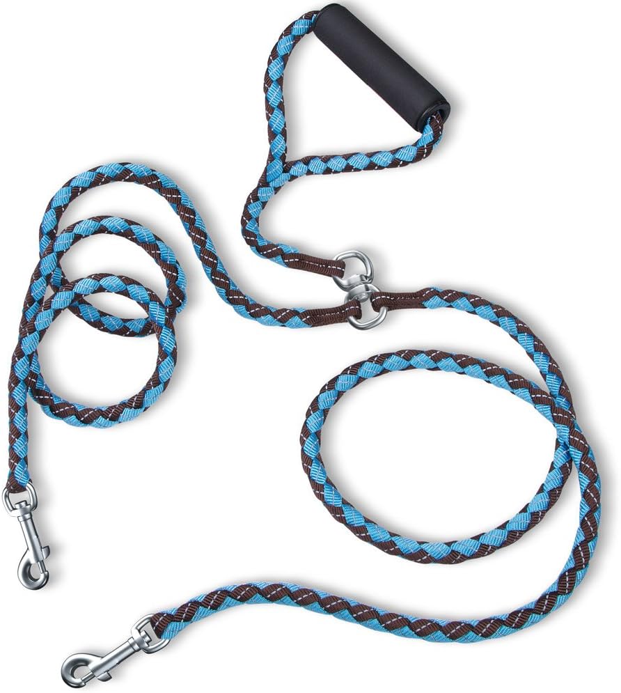 PETBABADouble Leash for Two Dogs, 4.6ft Heavy Duty Tangle Free Splitter Coupler, Reflective Strong Dual Lead Split, Soft Padded Handle, for Walking 2 Medium Large Dogs That Pull - Blue