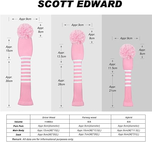 Miniatura 5 de Scott Edward Juego de 4 fundas de punto para cabezas de golf, hechas a mano, bien para conductores y calles, con cuello largo, pompones, para palos