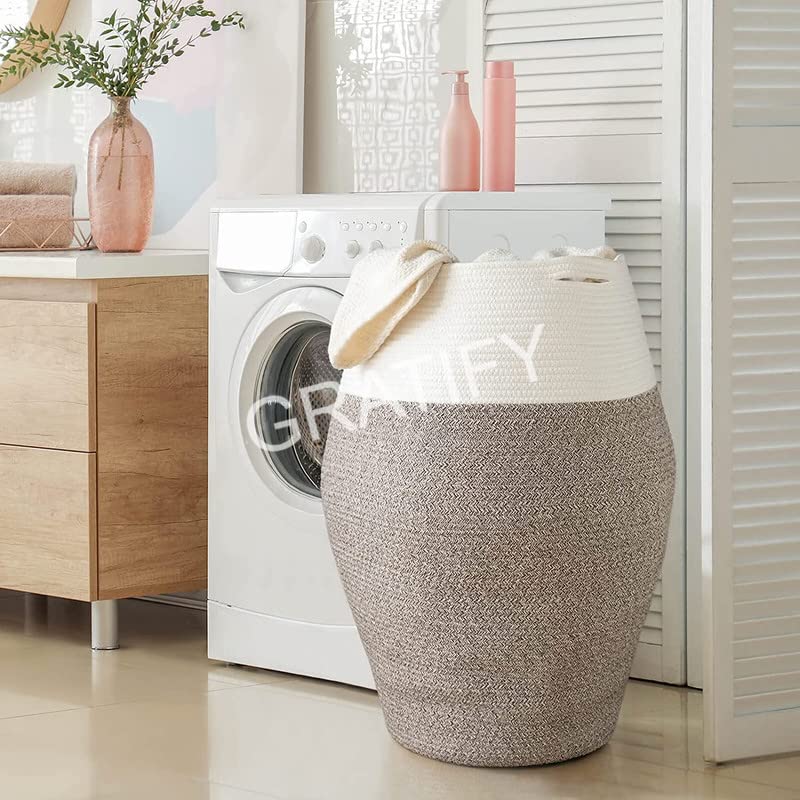 Image of GRATIFY Tall Laundry Hamper | Woven Jute Rope Dirty Clothes Hamper Modern Hamper Basket Large in Laundry Room, (Mix White 18x 16 Inch)