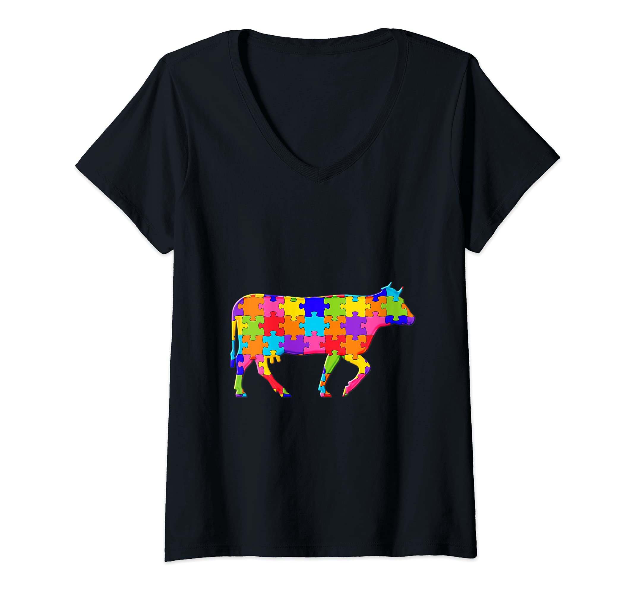 Womens Cow Animal Jigsaw Autism Puzzle V-Neck T-Shirt