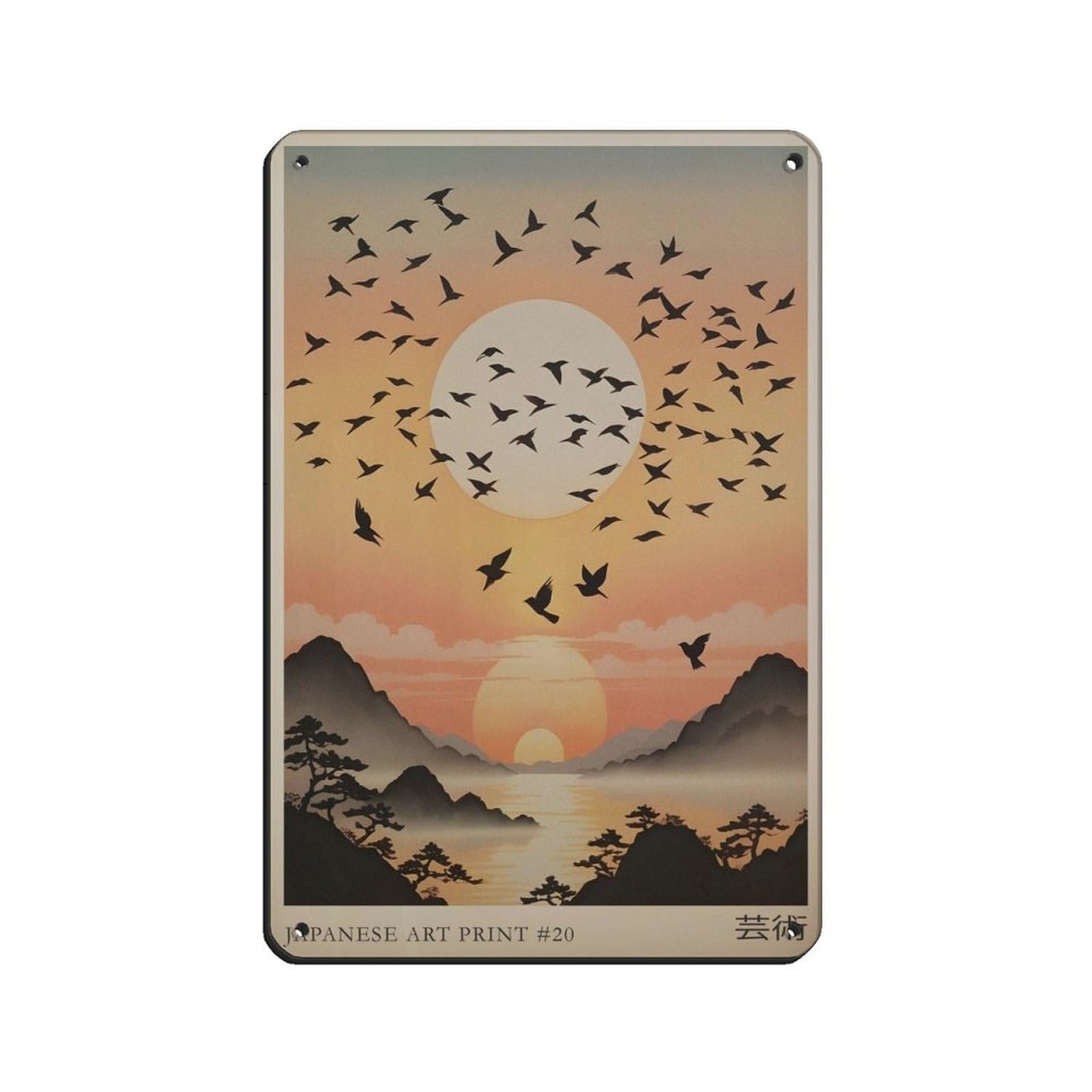 Japanese Bird, Japanese Sunset Landscape Poster Retro Poster Metal Tin Sign Chic Art Retro Iron Painting Bar People Cave Cafe Family Garage Poster Wall Decoration 8x12inch(20x30cm)
