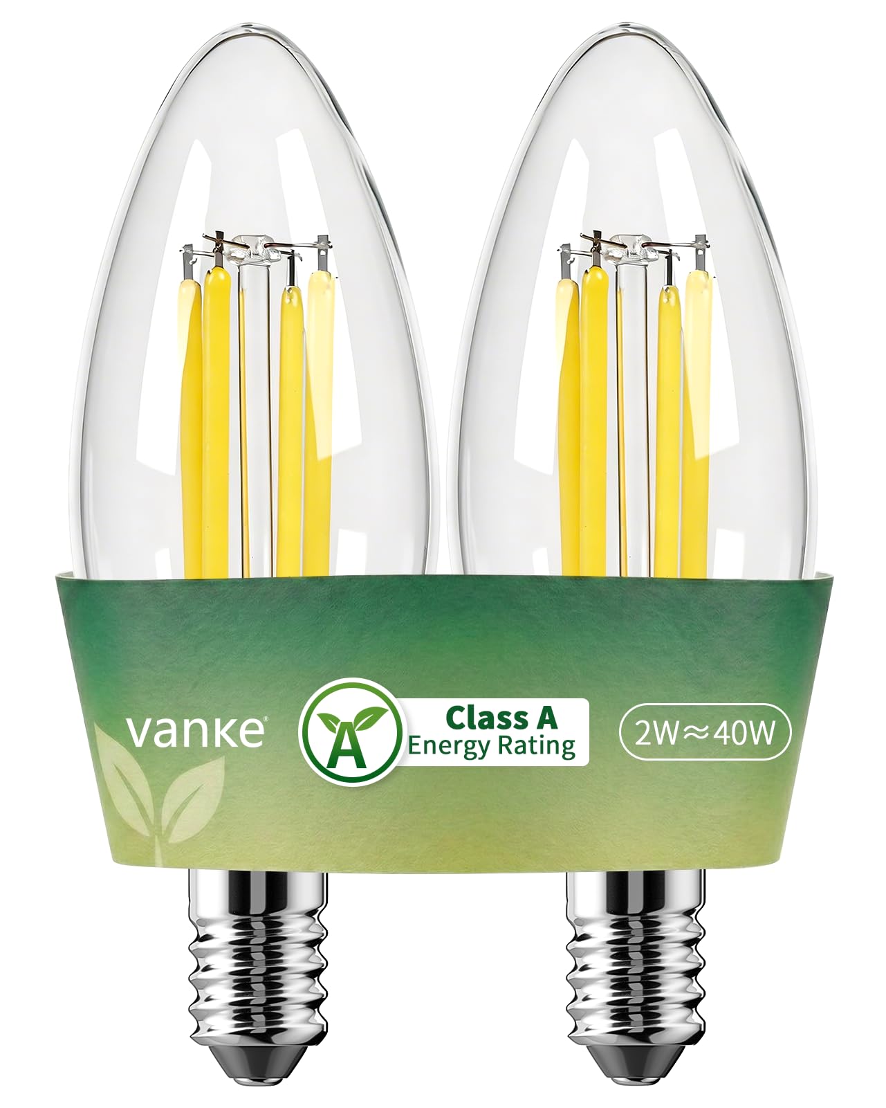 Vanke E14 LED Candle Light Bulbs, Class A Ultra-Efficient 2W (40W Equivalent), SES Small Edison Screw, Clear Glass Filament C35, 500lm, 2700K Warm White, Non-Dimmable, 50,000 Hours, Pack of 2