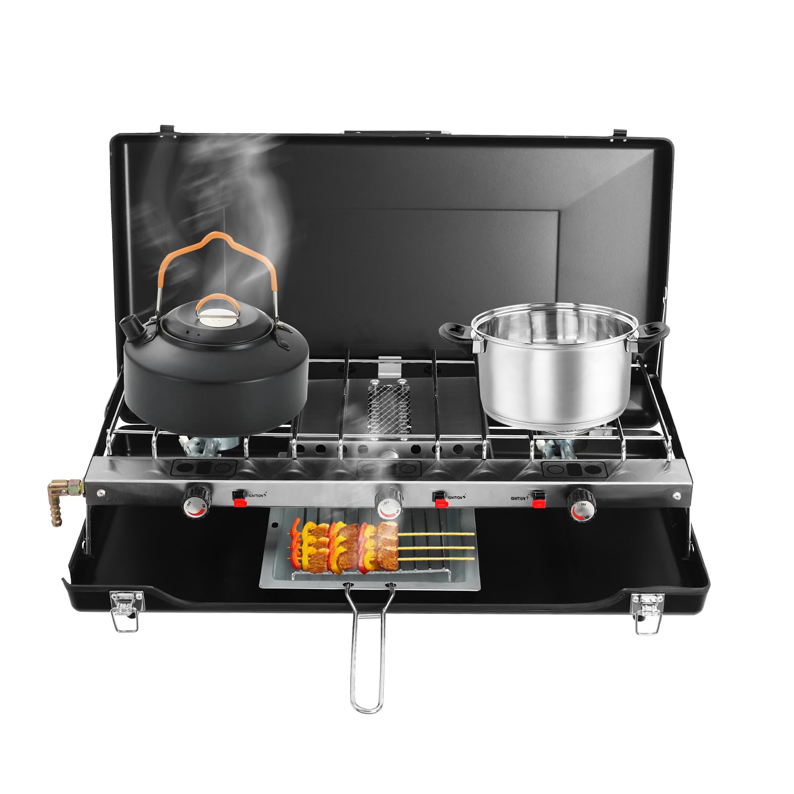 3 Flammiger Gas-Campingkocher Campingkocher Gaskocher 4.5KW Tragbarer Gaskocher Zusammenklappbarer Campingkocher für Camping, Grillabende, Partys, Picknicks