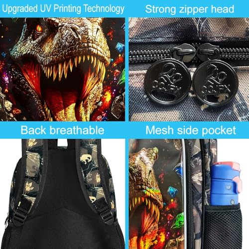 Image of 16 inch Dinosaur Backpack, Boys Kids Bookbag with Lunch Box, 3Pcs Dino School Backpacks for Elementary Preschool Kindergarten (Black)