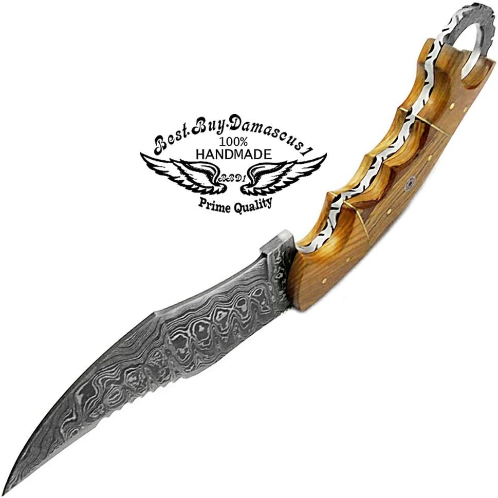 Hunting Knife Olive Wood 9.5'' Fixed Blade Handmade knife Damascus Steel karambit Hunting Knife For Use Fishing Hunting Camping Hiking Knife With Real Leather Sheath Best EDC Outdoors & Sports Knife