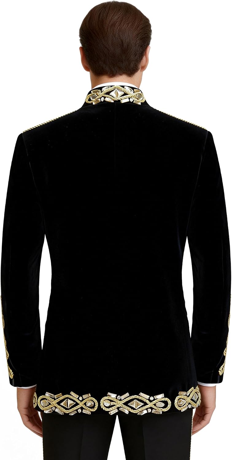 Pyiujtr Men's Standing Collar Velvet Knot Embroidery Court Blazer Masculine Baroque-Inspired Suit Jacket