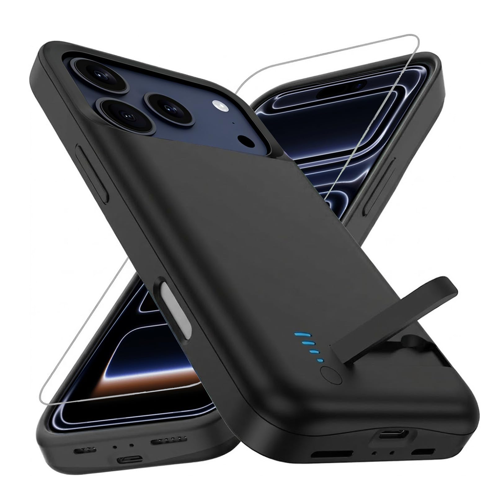 Akkuhülle für iPhone 17 Pro Max (6,9"), 8500mAh Tragbares Ladegerät Wiederaufladbar Akku Hülle mit Standfuß,Powerbank Handyhülle Verlängerte Batteriesicherung für iPhone 17 Pro Max