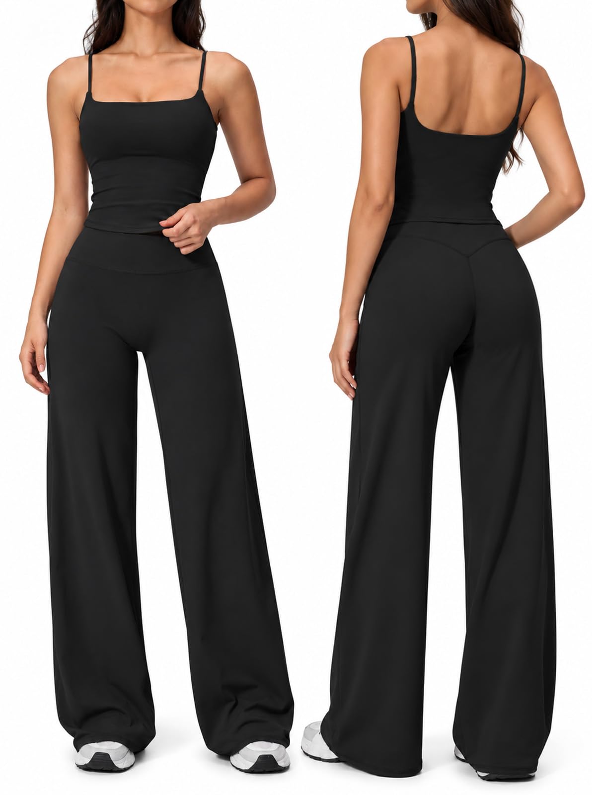 Set da allenamento da donna, due pezzi, spalline sottili, top corto e pantaloni a gamba dritta abbinati