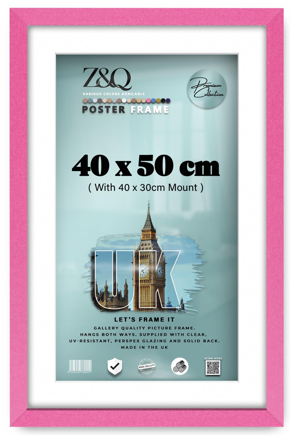 Z&Q - Eton Wood (40 x 50 cm) Poster Frame with 40 x 30 cm White Mount Sturdy Wall Frame 16 x 20 Inch For Art Gallery, Home Décor, Wall Décor and Artwork [ Pink ]