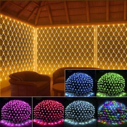 Image of LED Net Mesh String Lights for Diwali & Home Decoration | 192 LEDs, 9.8Ft x 6.6Ft | Curtain Fairy Lights for Balcony, Bedroom, Living Room, Christmas Decor, Jhalar Light, 8 Modes (Warm White)