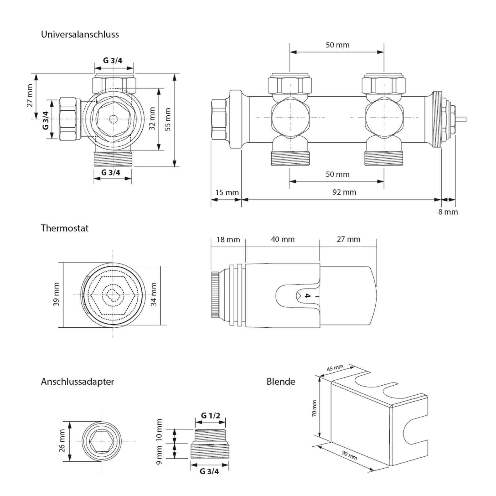 HAGO 24, valvola termostatica, termosifone, attacco centrale da 50 mm, universale, antracite, forma angolare, forma passante, sensore idrosensore, protezione antigelo, 5 livelli