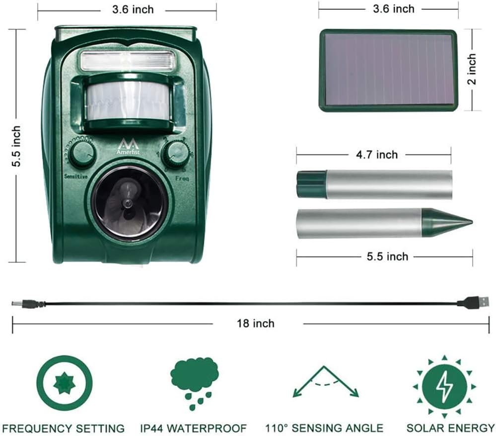 Amerfist Solar Animal Repeller, 2021 Ultrasonic Mole Repellent, Rat, Squirrel, Deer, Raccoon, Skunk, Rabbit, Mole, Dog, Cat, Waterproof with Motion Detector, USB Rechargeable, Flashing Light (Green) : Patio, Lawn & Garden