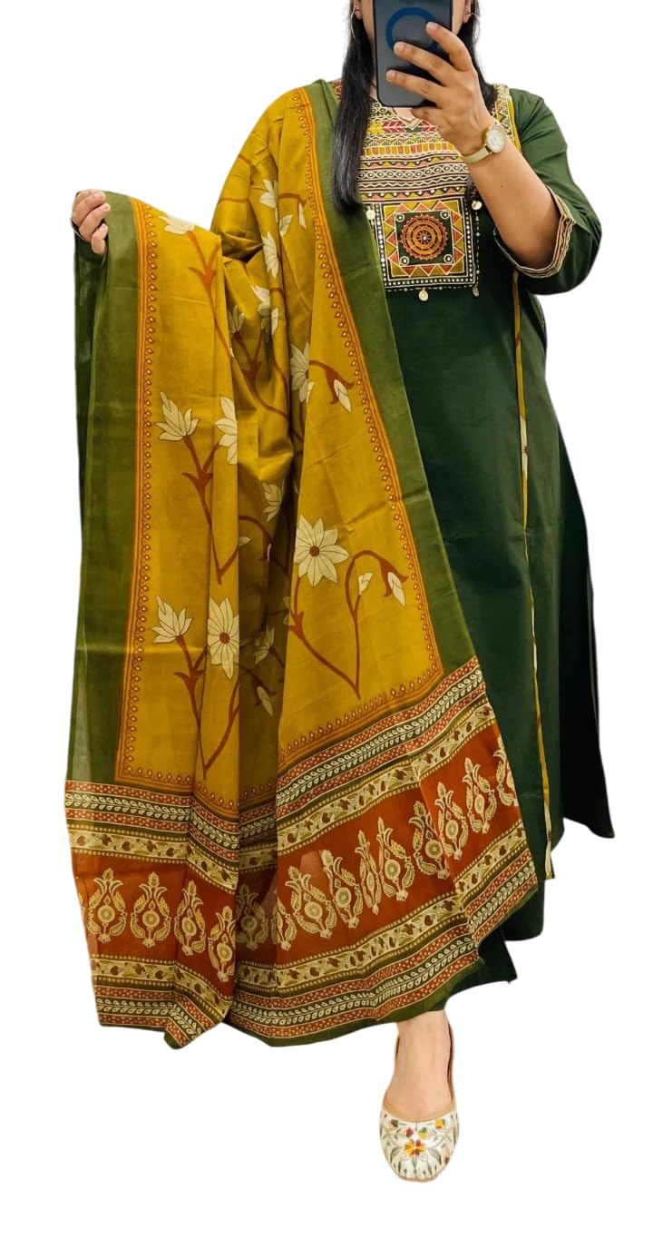 Women's Cotton Trending Straight Printed Kurta with Pants and Dupatta Set | Ethnic Set (Green)-image-26