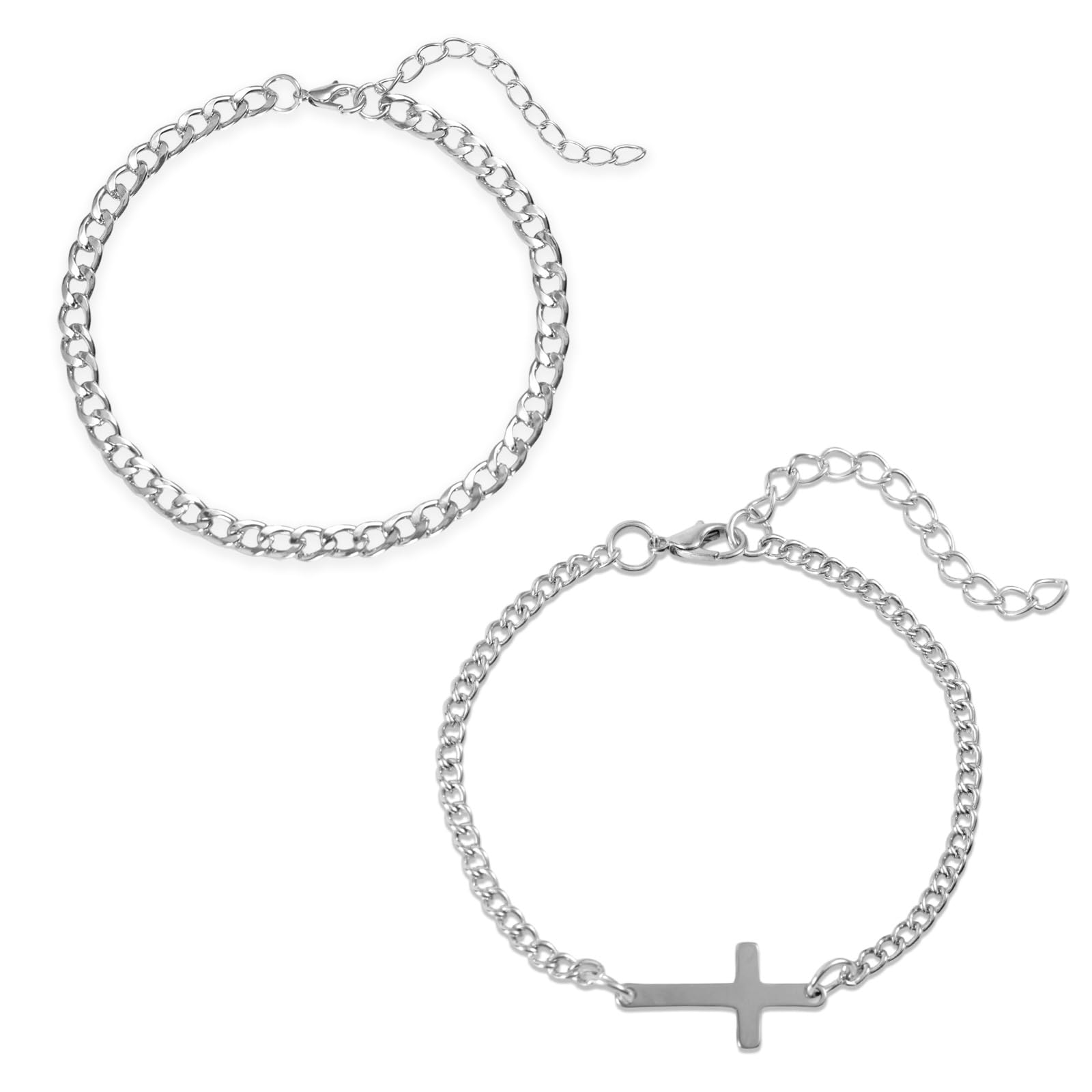 2pcs Men Silver Bracelets, Stylish Cross and Silver Cuban Link Bracelet Dainty Jewelry Accessories for Men Dad