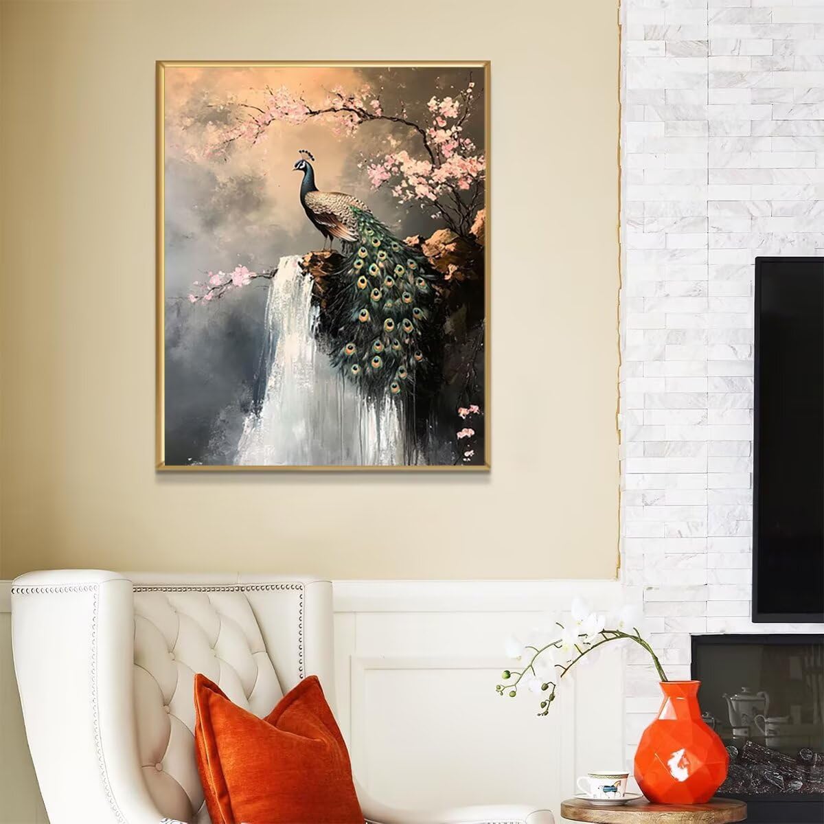 Dipingere con i Numeri Pavone, Paint by Numbers Adulti Cascata, Fai da te Creativi Adulti Quadri da Dipingere Numerati Kit per Decorazione Della Parete di Casa, Regalo 70x95 cm Senza Cornice BG-9