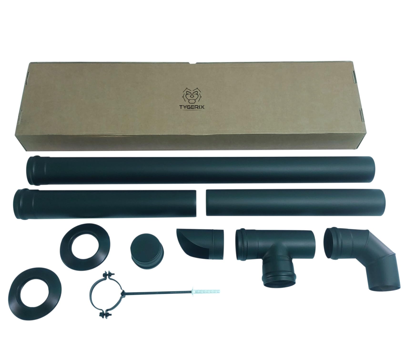 TYGERIX® Kit Completo Tubi, Raccordi e Accessori per Stufa a Pellet 80 mm | Set di 10 Elementi | Altissima Resistenza al Calore | Spessore Maggiore 1,2 mm | Indeformabile | Made