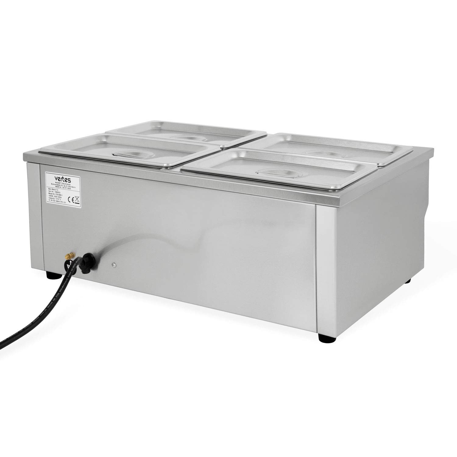 VERTES Calentador de Comida, Recipiente para Comida Eléctrico 1500W Acero Inox (Incluye 4x 1/4 Recipiente GN con Tapa para 4x2,8L, Grifo de Escurrir, Baño María, Temperatura Continua 50-200°C, Buffet)
