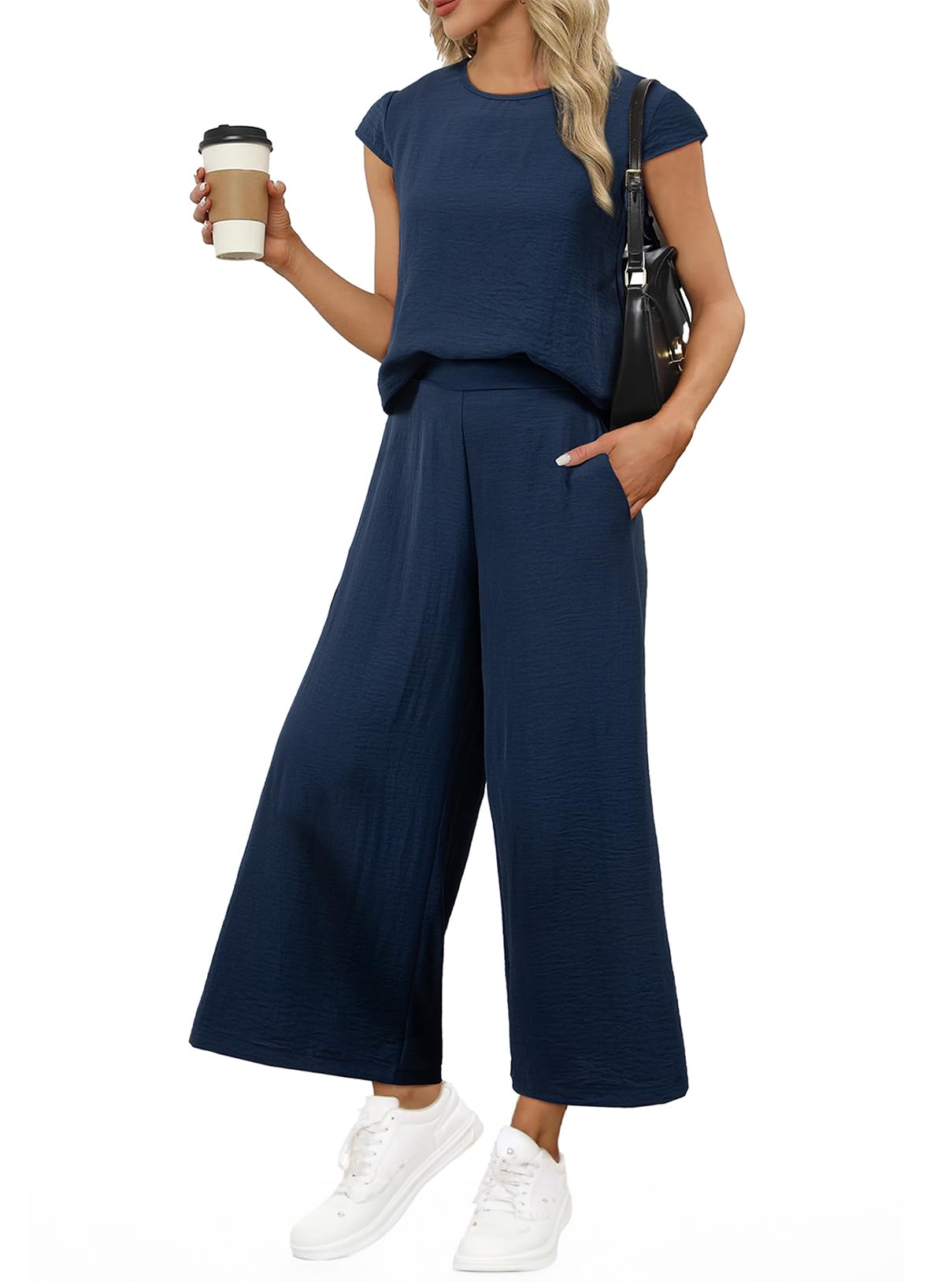 EVALESS Women's Summer 2 Piece Outfits Fashion 2025 Cap Sleeve Top and Wide Leg Pants Matching Set Vacation Outfits