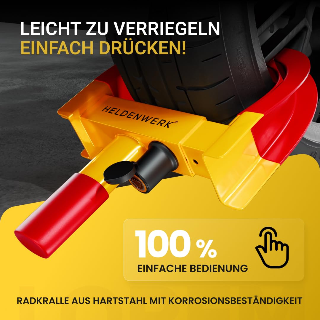 HELDENWERK® Parkkralle Radkralle mit Hochsicherheitsschloss & 3 Schlüsseln - für Anhänger, Wohnmobil, Wohnwagen, Auto - PKW Reifenkralle, Autokralle, Rad-Kralle für 18-30cm Reifenbreite (Gelb/Rot)