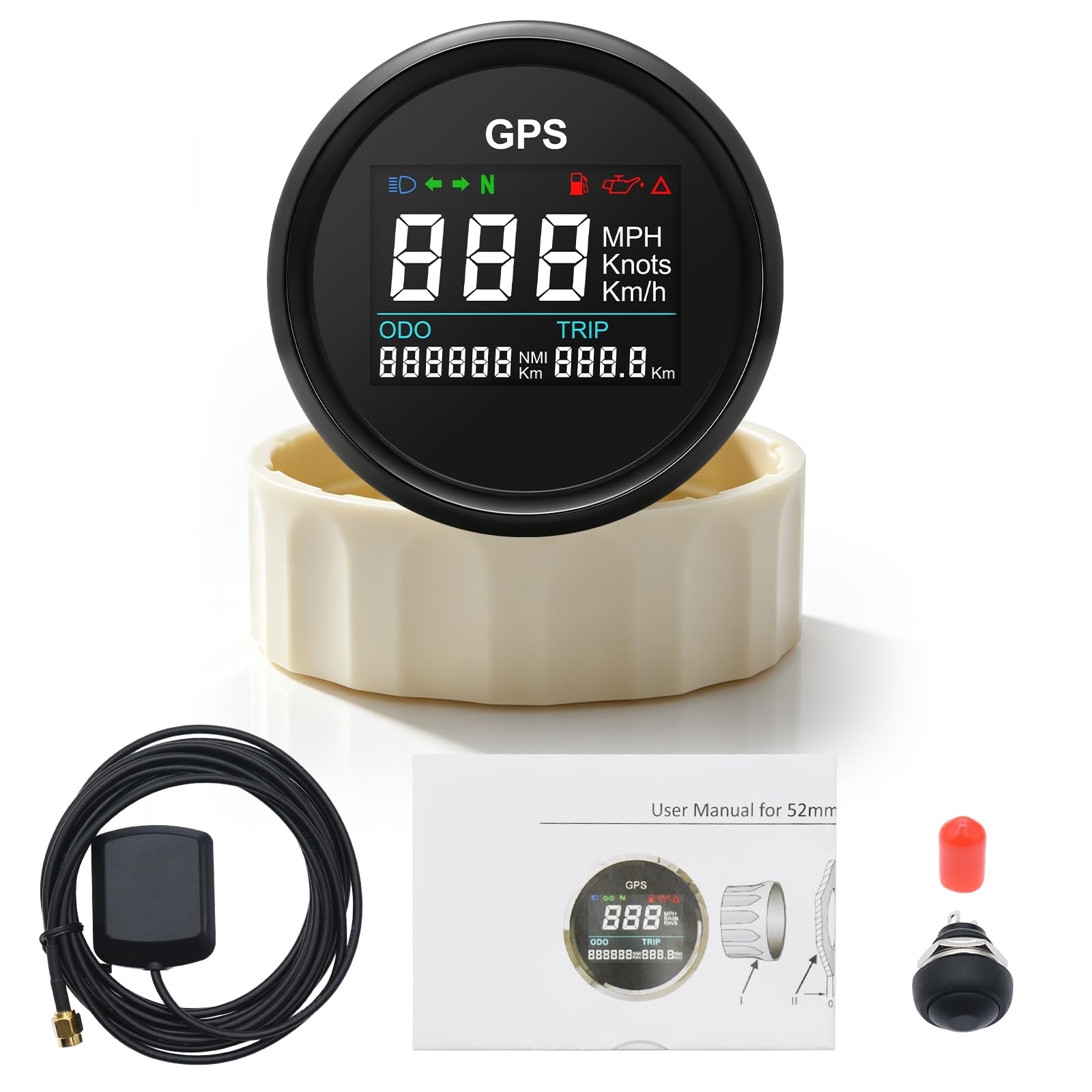 Geloo Contachilometri Tachimetro GPS, indicatore di velocità regolabile digitale impermeabile da 52 mm per camion moto barca auto (Nero)