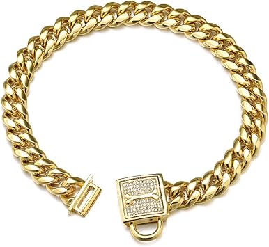 Dog Chain Collar, 12MM Heavy Duty Cuban Chain Collar, 316L Stainless Steel Silver/Gold Dog Training Collar with Bling Zirconia Lock Luxury Dog Necklace for Small Medium Large Dogs8, Gold